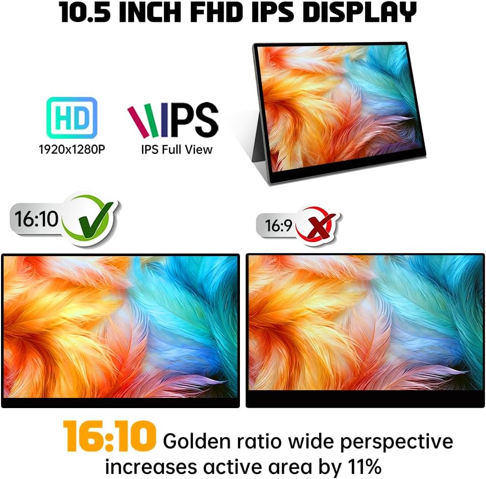 Portable Small Monitor 10.5 inch USB C 100% sRGB 1500:1 FHD 1920x1280 IPS Touch Ultra-Thin External Second Screen Display for Gaming Computer PC Phone Mac