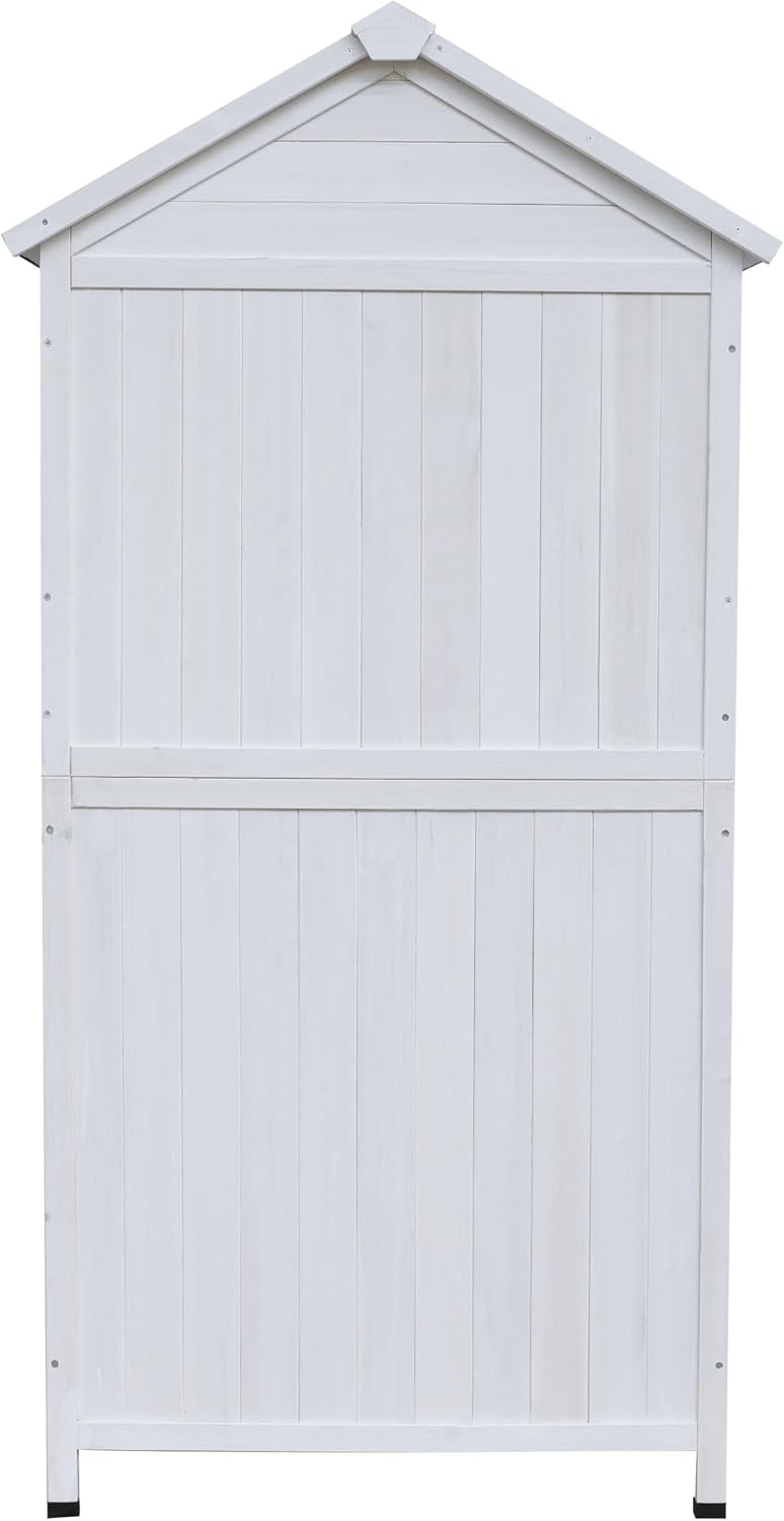 GDFStudio 67' Fir Wood Storage Shed 2 Doors Design Outdoor Tool Storage House Cabinet with Sloped Roof & 4 Interior Compartments for Garden Patio Backyard, White