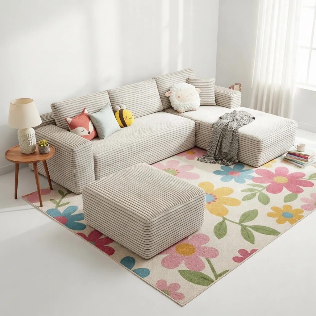 Oversized Boneless Couch for Living Room, Corduroy Fabric Cloud Couch, Modular Sectional Sofa, Modern Living Room Furniture with Ottoman, Memory Foam Sofa in a Box No Assembly