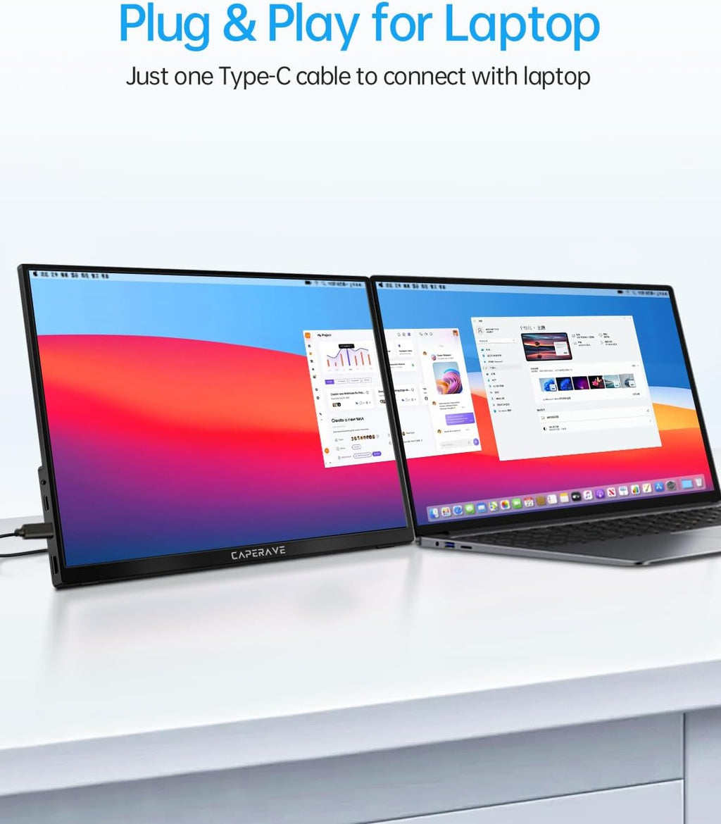 CAPERAVE Portable Monitor - 14.0' USB C HDMI Travel Monitor for Laptop, FHD 100% sRGB, Built-in Kickstand & Speakers, Second Screen and External Monitor for MacBook Xbox PS4/5 Switch