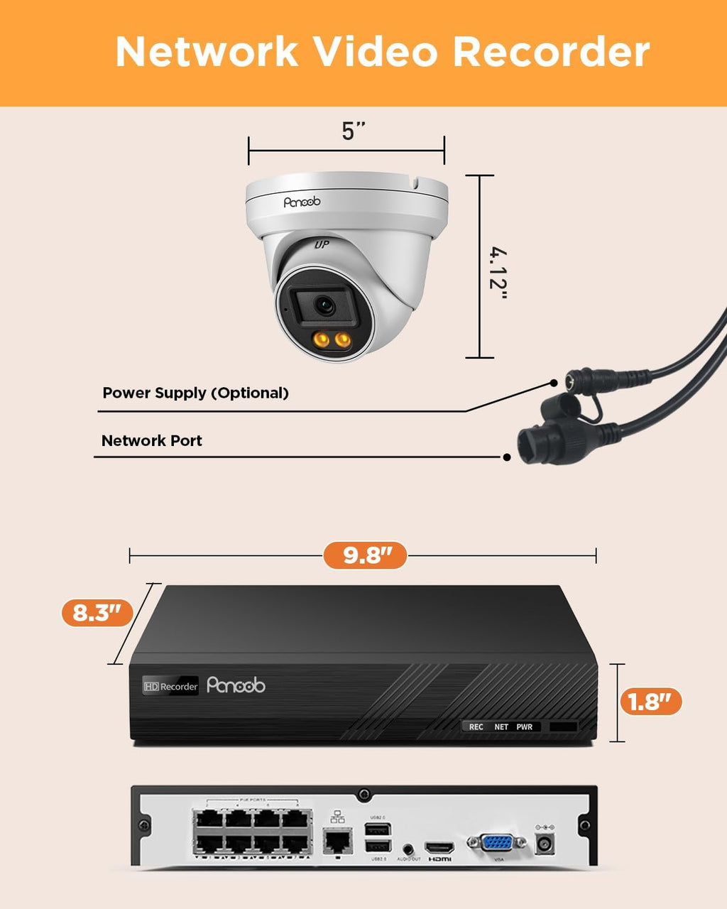 5MP NVR Security Camera System, 6PCS Wired 5MP IP Surveillance Dome Turret Cameras with Person Detection, Smart Dual Lights Color Night Vision, 4K 8 Channel PoE NVR 2TB HDD, PD93BA0608-5MDF
