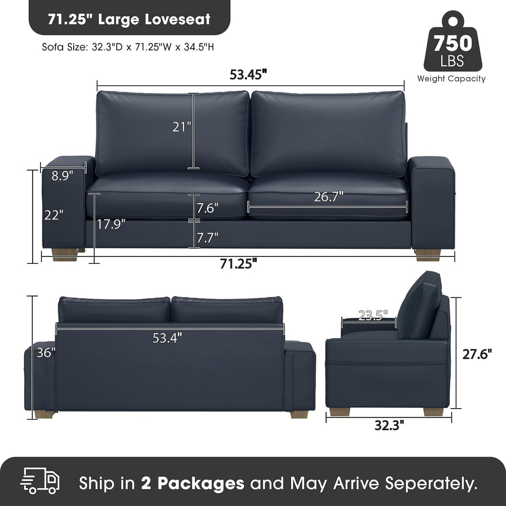 Valthie Faux Leather Couch, Mid Century Modern Comfy Loveseat Sofa with Wide Arm, Side Pockets, Solid Wooden Frame for Office, Living Room and Bedroom, 2 Seater (Blue, 71.25 inches)