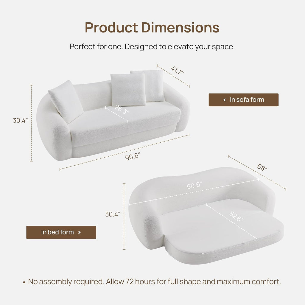 SICOTAS Curved Sofa Couch Bed for Living Room Convertible Futon Cloud Boneless Sleeper Chair Pull Out Floor Couch with Deep Seat Sofa Set Foam No Assembly Required for Bedroom Apartment Office, White