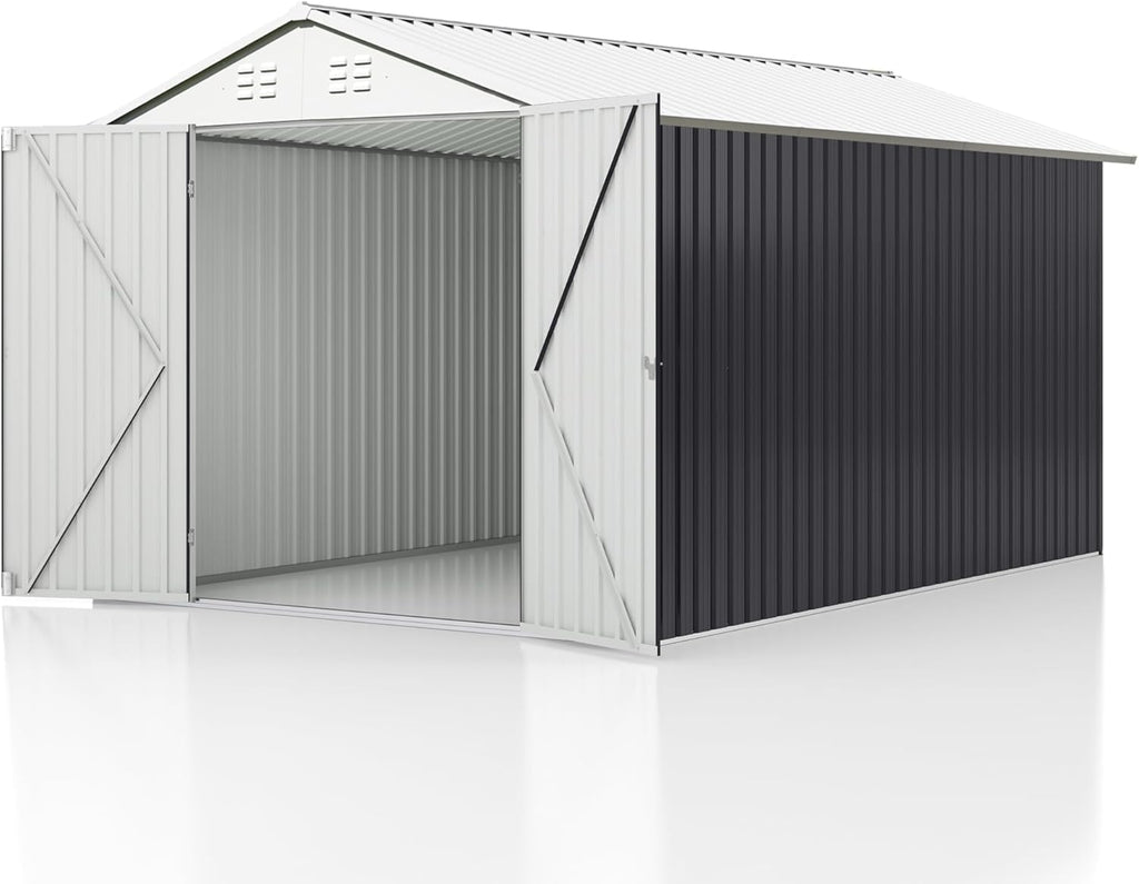 AirWire 10x14 FT Metal Shed, Garden Storage Shed with Updated Frame Structure and Lockable Doors, Outdoor Heavy Duty Tool Sheds for Backyard Garden Patio Lawn, White