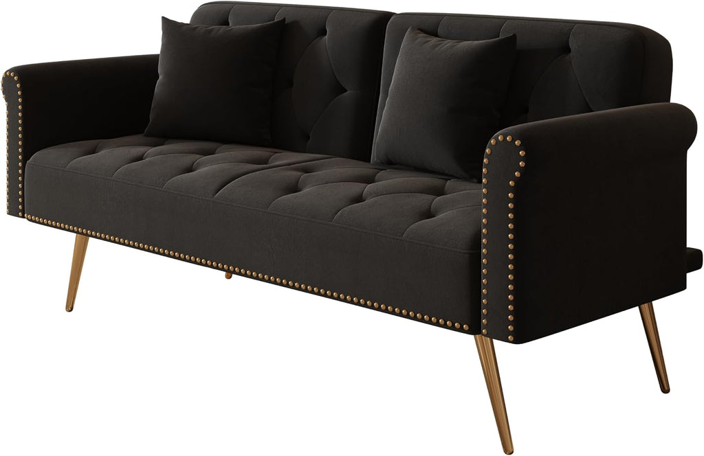 Convertible Futon Sofa Bed , Adjustable Sleeper Couch Modern Velvet Tufted Recliner Reversible Loveseat Folding Daybed Guest Bed Sofacama w/ Nailhead Trim and Golden Metal Legs for Living Room Office