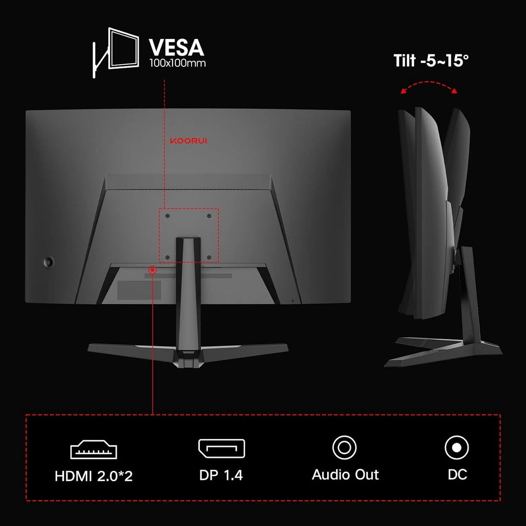 KOORUI 27 inch 2K Curved Gaming Monitor, 180Hz QHD Computer Monitor, 1ms Adaptive-Sync, HDMI/DisplayPort, 27E6QCA