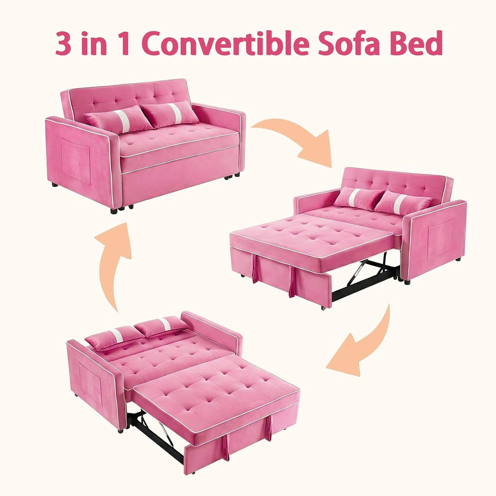 Convertible Velvet Sofa Bed with Pull-Out Bed & Side Storage Pockets, Modern Sleeper Sofa for Living Room, Apartment, Small Spaces, and Bedroom (Pink-1)