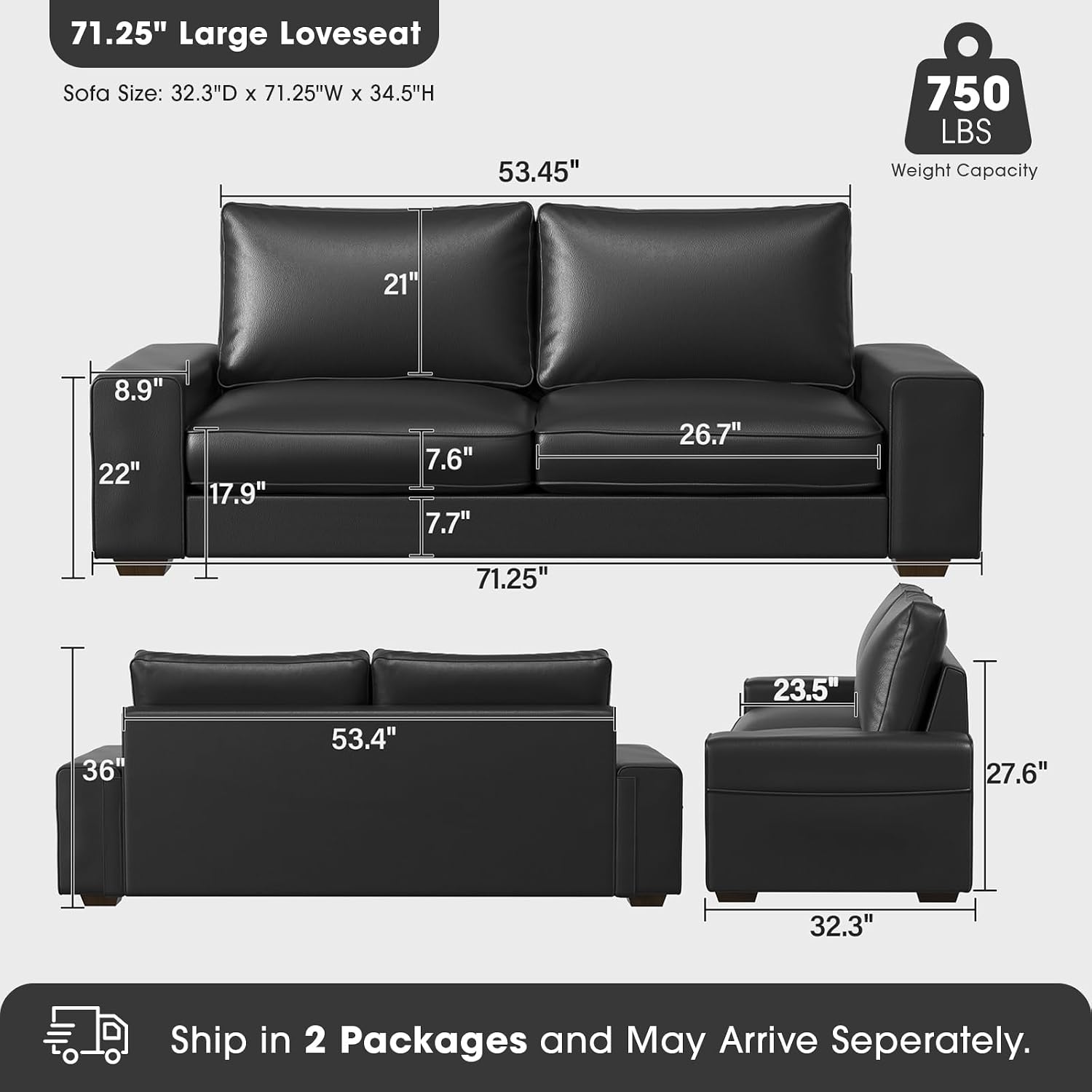 Valthie Faux Leather Couch, Mid Century Modern Comfy Loveseat Sofa with Wide Arm, Side Pockets, Solid Wooden Frame for Office, Living Room and Bedroom, 2 Seater (Black, 71.25 Inches)