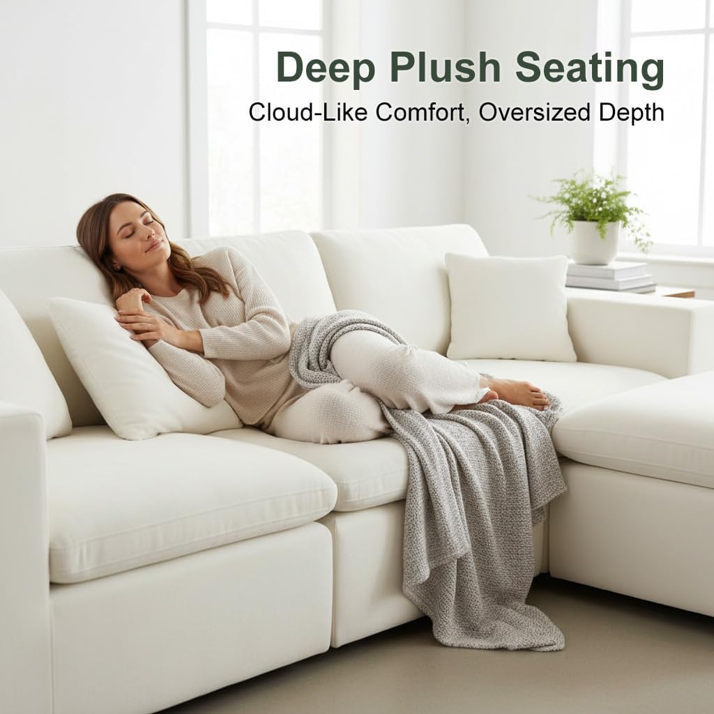 Nigoone 108' Sectional Couches for Living Room, Modular Cloud Sofa with Ottoman, Memory Foam Boneless L Shaped Couch, Adjustable Sofa Backrest, 4 Eater, Warm White | Breathable Material, Deep Seat, High-Resilience Foam