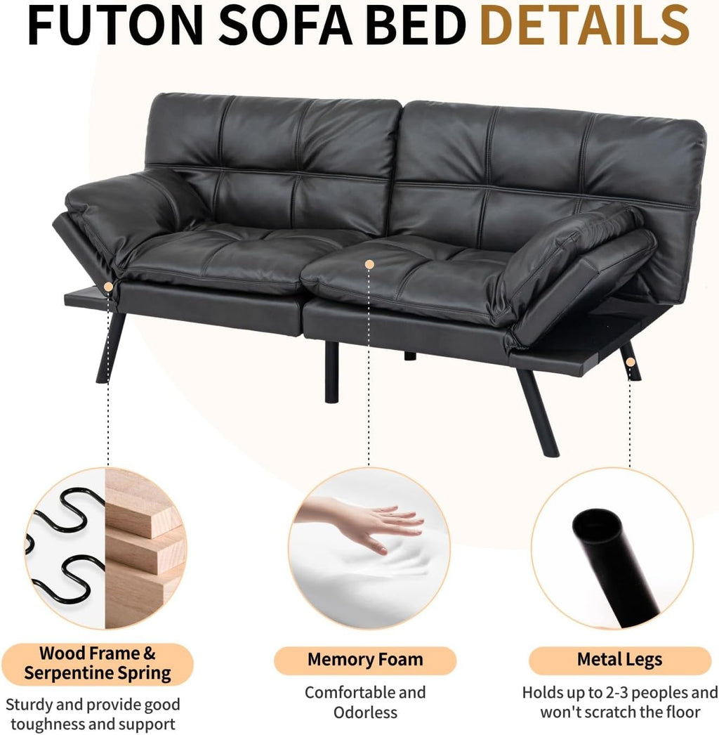 Convertible Memory Foam Sofa Bed with Adjustable Backrest & Armrest, Modern Futon Couch for Living Room, Office, Apartment, Space-Saving Design, Easy Assembly,Matte Black