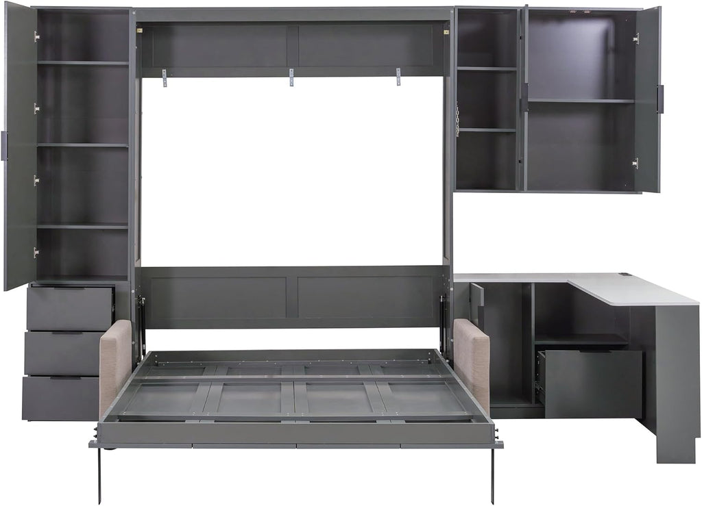 Merax Queen Size Wood Murphy Bed with Upholstered Sofa & Desk, Multifunctional Foldable Wall Platform Bed w/USB Charging Station for Guest-Room, Bedroom, Space Saving, Gray +Beige