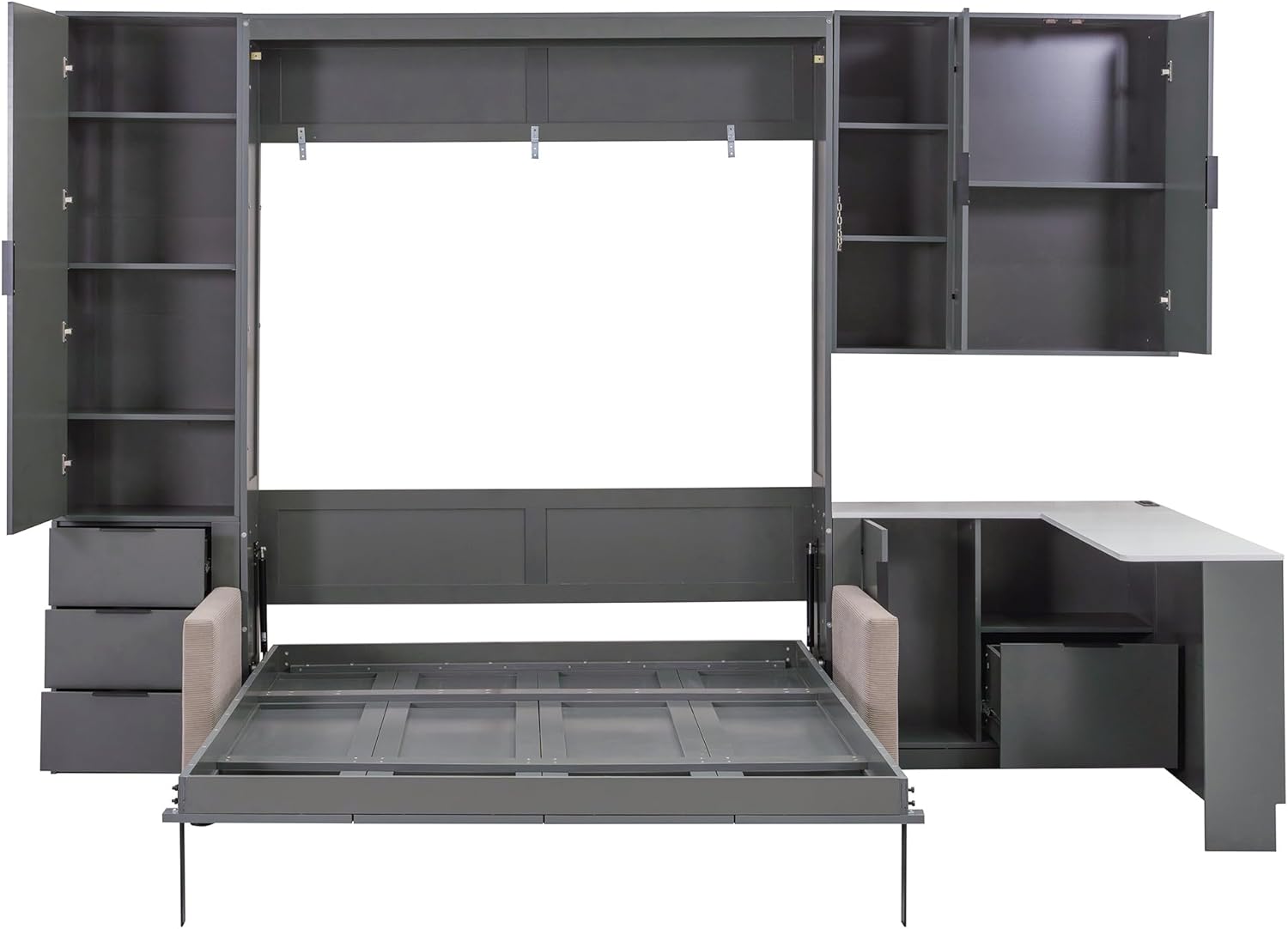 Merax Queen Size Wood Murphy Bed with Upholstered Sofa & Desk, Multifunctional Foldable Wall Platform Bed w/USB Charging Station for Guest-Room, Bedroom, Space Saving, Gray +Beige
