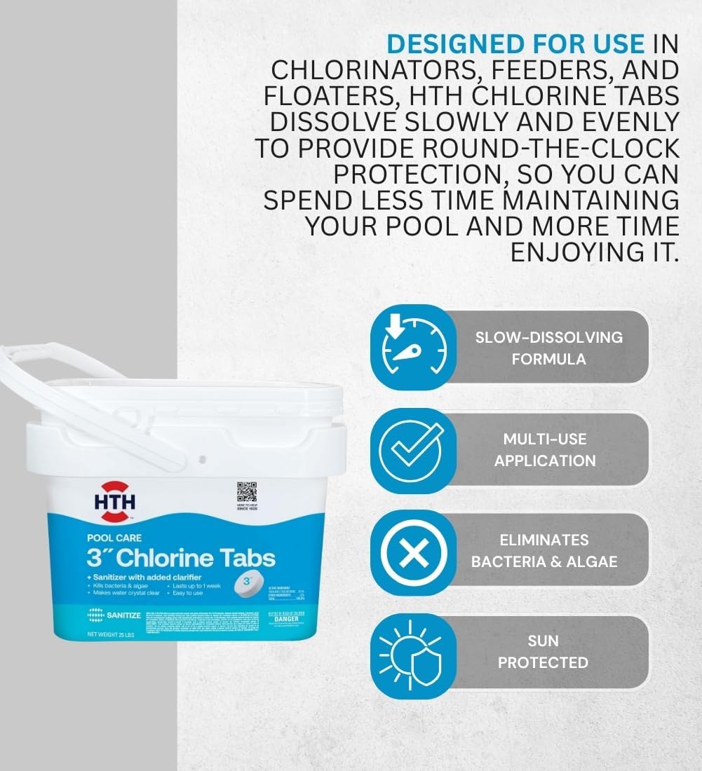 HTH 42046 Swimming Pool Care 3' Chlorine Tabs, Swimming Pool Chlorinating Sanitizer, 25lb