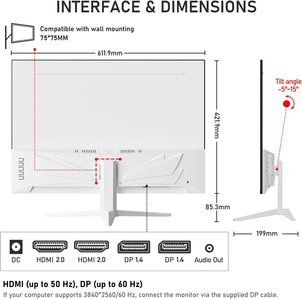 Gawfolk 28 inch UHD 4K Computer Monitor, IPS Ultra HD (3840×2560p) Screen, 3:2, 1.07 Billion Colours, 128% sRGB, Built-in Speakers, 178° Wide Viewing Angle DisplayPort 1.4 & HDMI 2.0, White