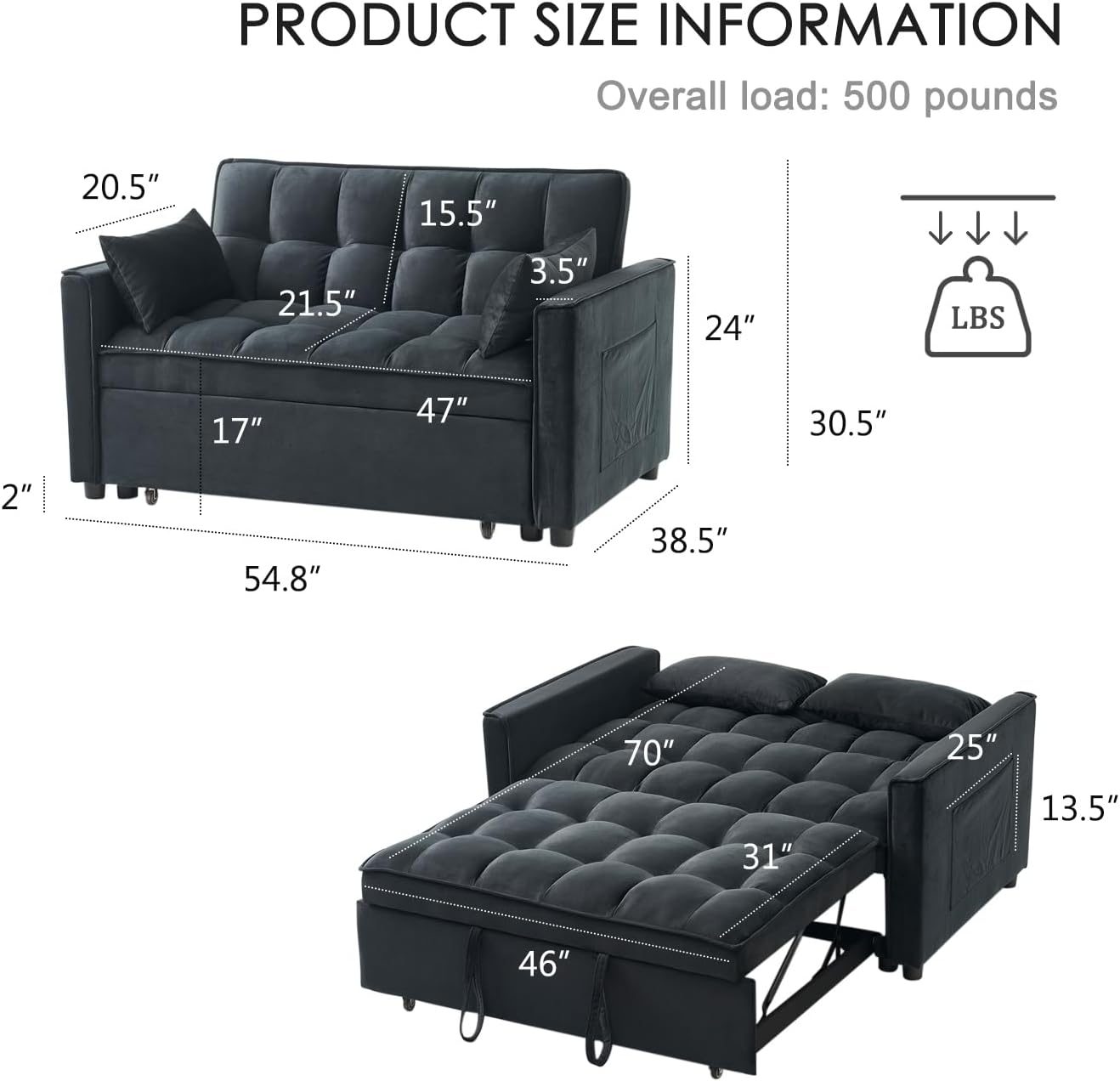 Futon Sofa Bed,Modern 3 in 1 Convertible Sleeper Sofa, Pull Out Couch Bed with Adjustable Backrest, Storage Pockets and Toss Pillows for Living Room, Bedroom (Black)