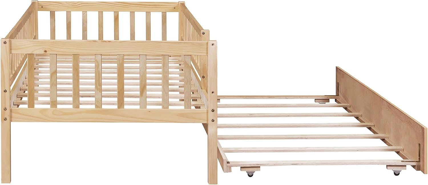Twin Wood Bed Frame with Fence Railings and Trundle,Low Montessori Kids Platform Bed Frame with Full-Length Safety Guardrails,Dual-use Daybed for Bedroom and Living Room,Natural