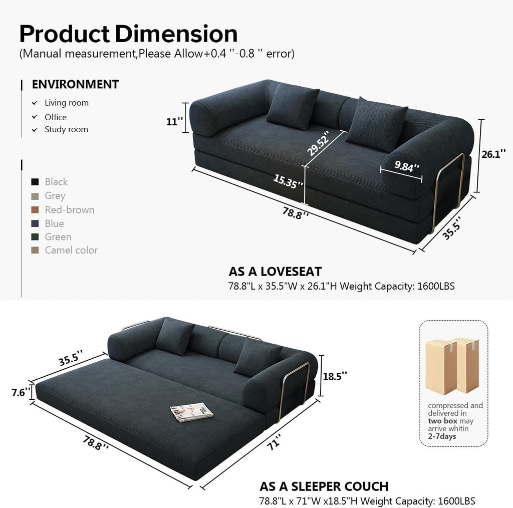 78.8' Modular Sofa Bed - 4-in-1 Convertible Design with Corduroy Fabric and High Density Sponge, Removable Cover and Fixed Frame