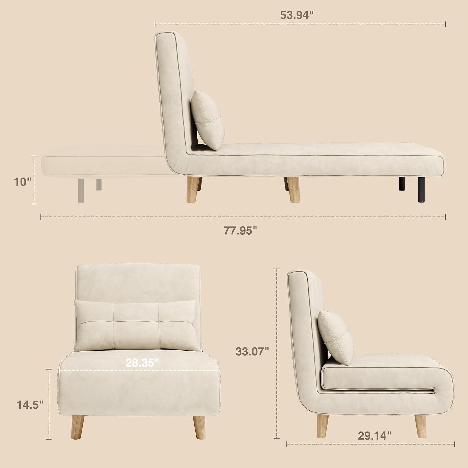Aiho Futon Sofa Bed, 3-in-1 Convertible Sleeper Chair Bed, Futon Chair with 6-Level Adjustable Backrest and Pillow for Guest Room Apartment Dorm, Velvet Beige