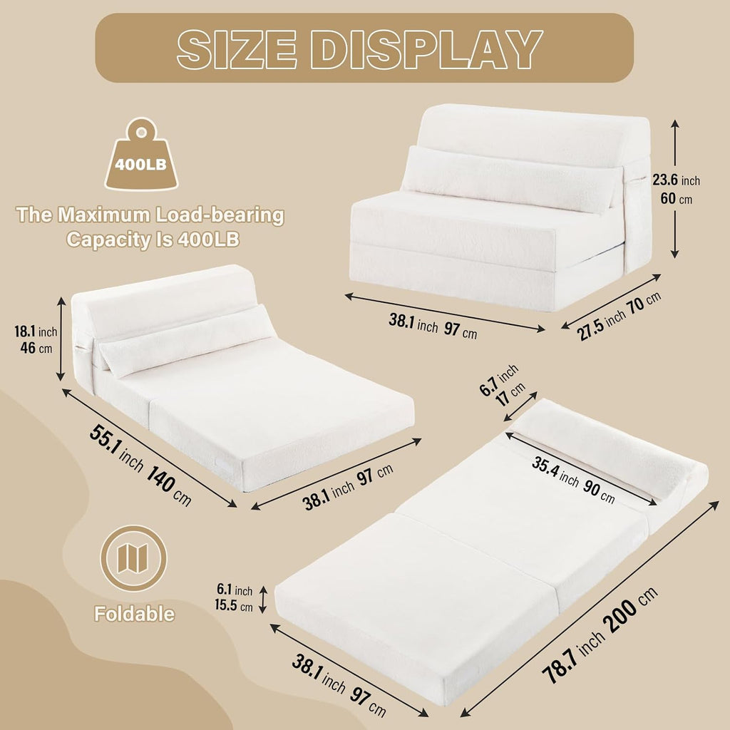 Tiita Convertible Folding Sofa Bed Twin Size for Adults with Pillow, Plush Fabric Floor Mattress Couch Bed, Washable Cover & Side Pocket, Guest Room, Dorm, Apartment, Living Room, Beige