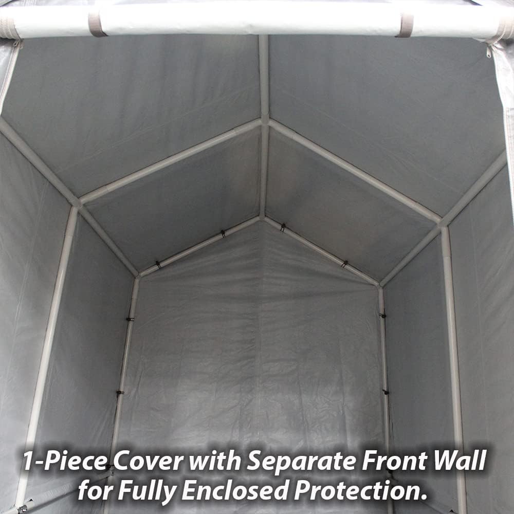 King Canopy Storage Shed 7-Ft by 12-Ft, 1.5-in Steel Frame, Enclosed w/roll-up Zipper Door, 185 GSM PE Cover, 6-Leg, Outdoor, Carport, Bicycle, Motorcycle, ATV, Gardening, Patio, Grey, G0712