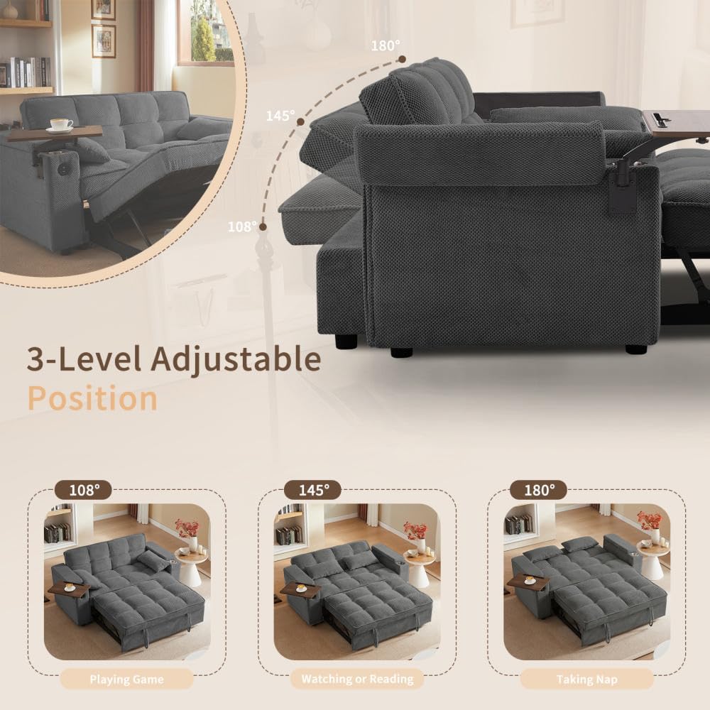 Auvsoce 65'' Convertible Sleeper Sofa Bed with Adjustable Backrest, Chaise Lounge, Side Table & USB/Type-C Ports – Stylish & Functional Addition to Any Living Room (Dark Grey Sofa Bed)