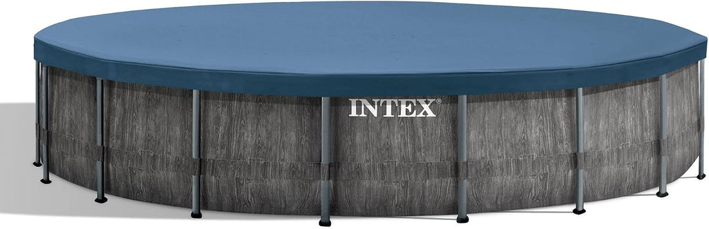 Intex Prism Frame Round Above Ground Outdoor Swimming Pool Set with Filter Pump, Ladder, Ground Cloth, and Pool Cover, Greywood