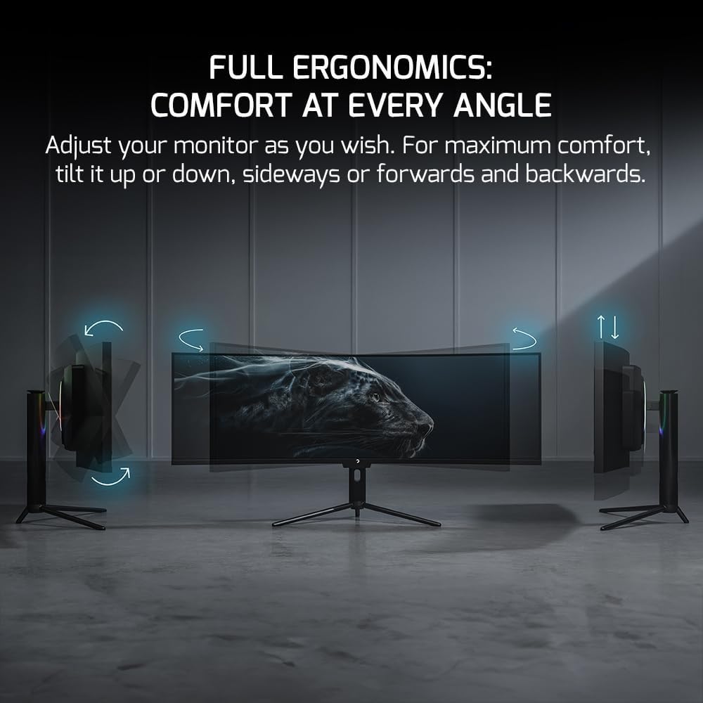 GAMEPOWER DQ 49 inch Curved Ultrawide Gaming Monitor, 5K, 1Ms, 120Hz Refresh Rate, 32:9, DQHD, 5120 x 1440P, R1800, 99% sRGB, HDR400, DisplayPort, Type-C, FreeSync, Gsync, Height - Tilt Adjustable