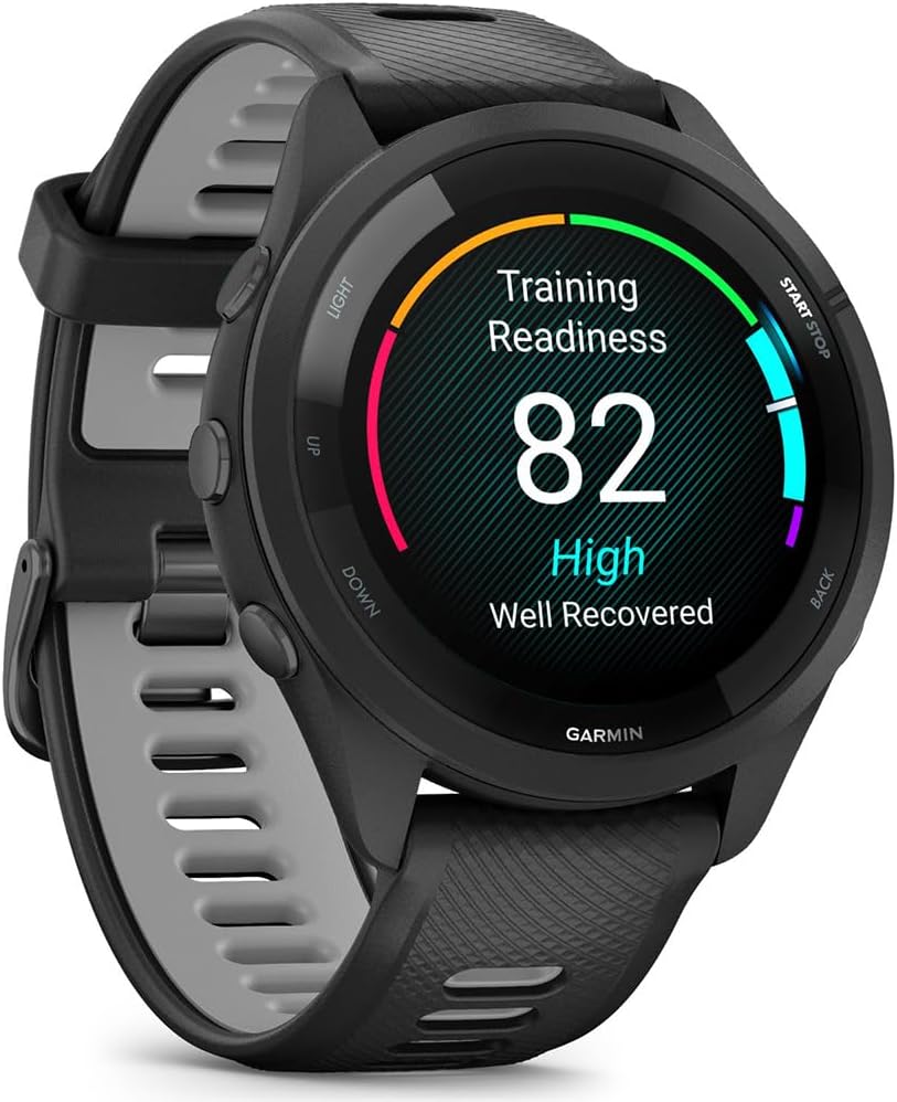 Garmin 010-02810-00 Forerunner 265 GPS Smartwatch - 46mm Black/Powder Gray Bundle with Deco Essentials Silicone Dust Cover 3 Pack, Round Screen Protector and 2 YR CPS Enhanced Protection Pack