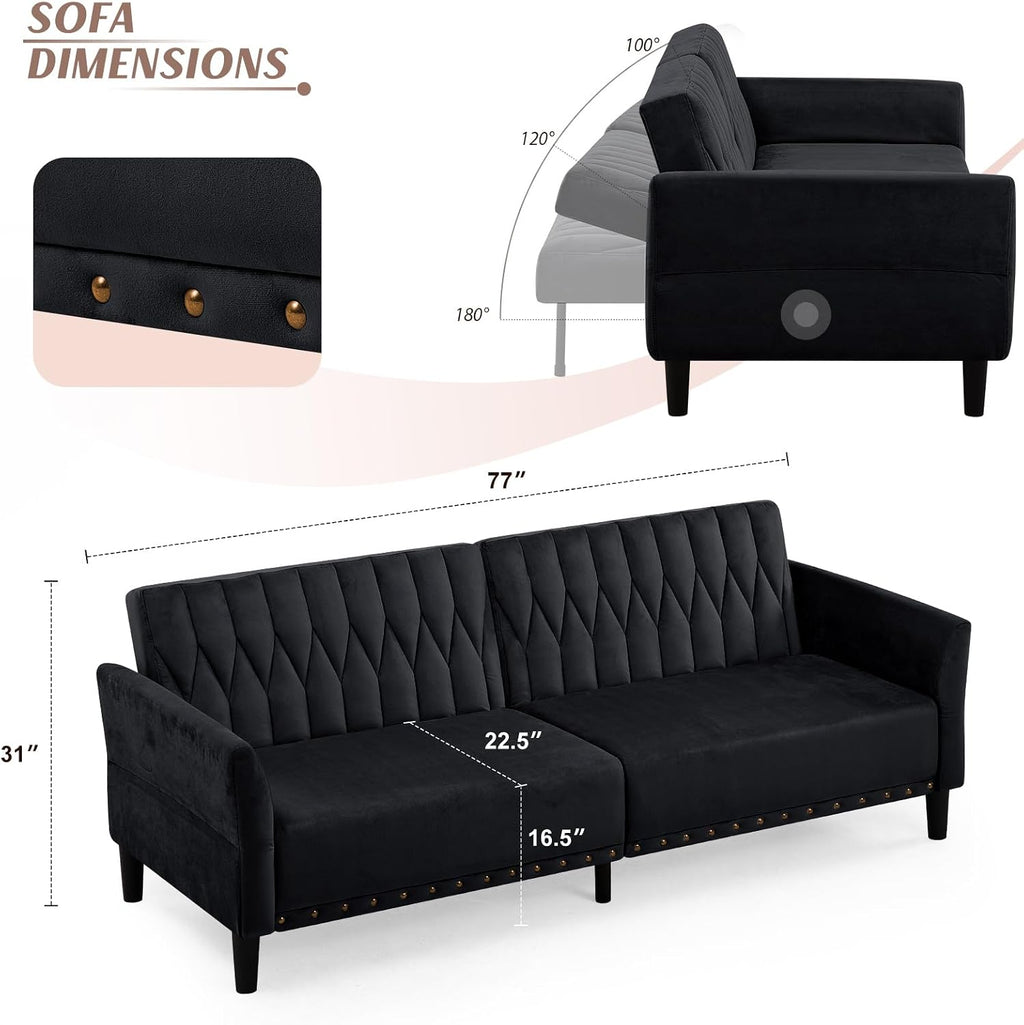 77 Inches Velvet Sofa Bed w/Adjustable Backrests & Armrests, Convertible Sleeper Sofa w/Nailhead Trim, Modern Loveseat Couch with Sturdy Legs for Living Room,Office,Black