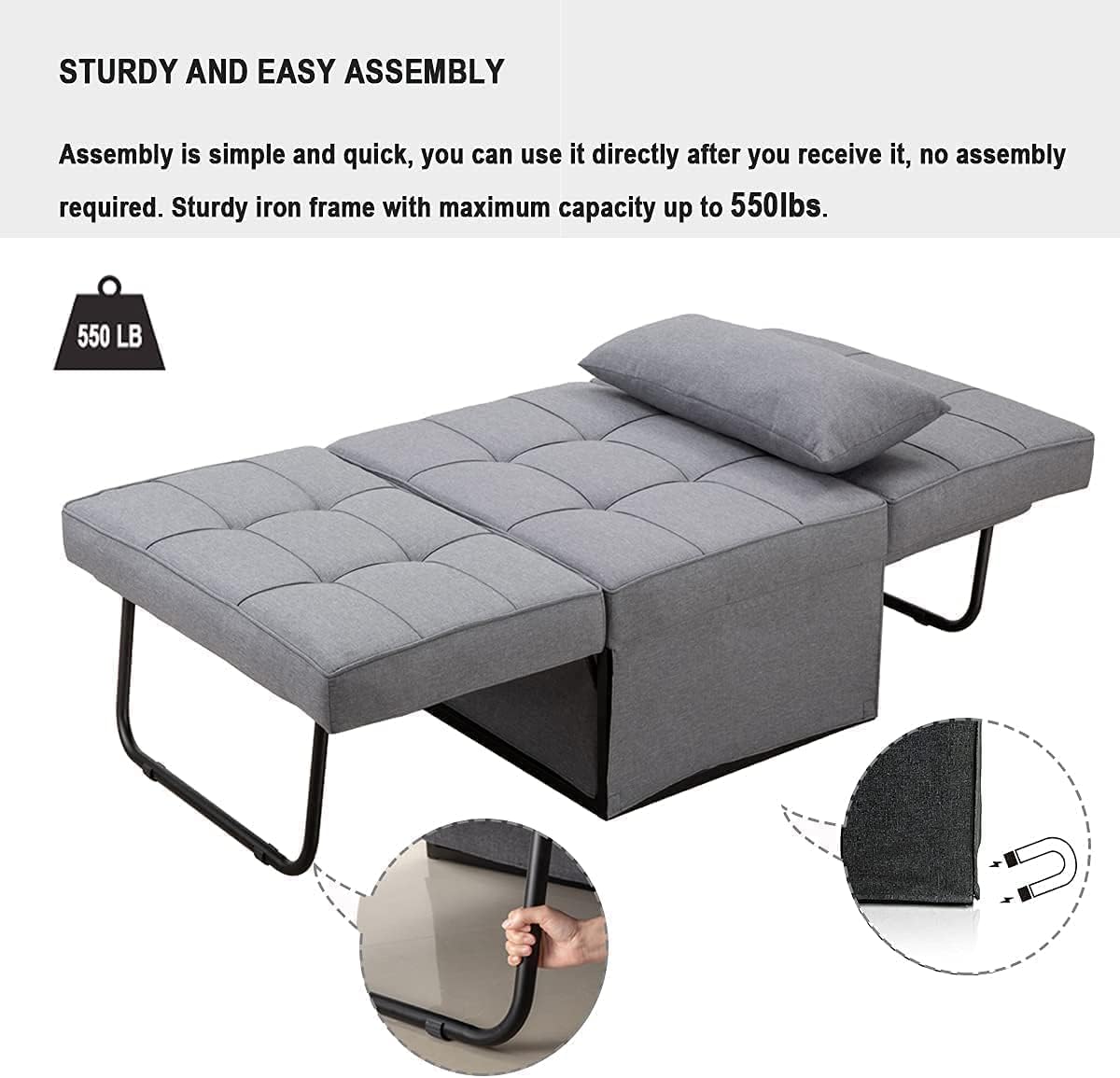 BIGSYY Sofa Bed, Set of 4 in 1 Multi Function Folding Ottoman Sleeper Bed,Modern Convertible Chair Adjustable Backrest Sleeper Couch Bed for Living Room Small Room Apartment, Light Grey