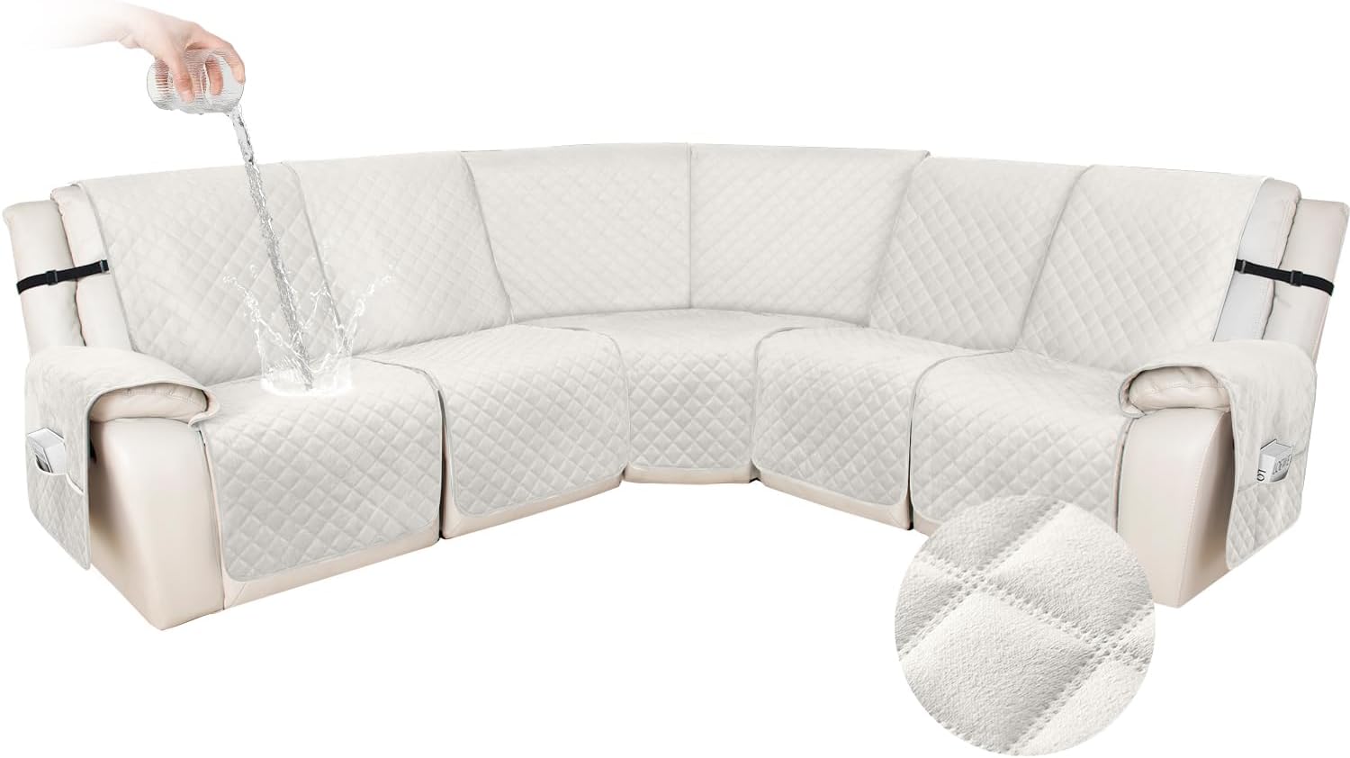 HDCAXKJ 100% Waterproof Velvet Recliner Sectional Couch Covers L Shaped Corner Reclining Sofa Cover Washable Thick Non Slip Sectional Slipcover with Pockets (5 Seat Recliner Couch, Ivory)