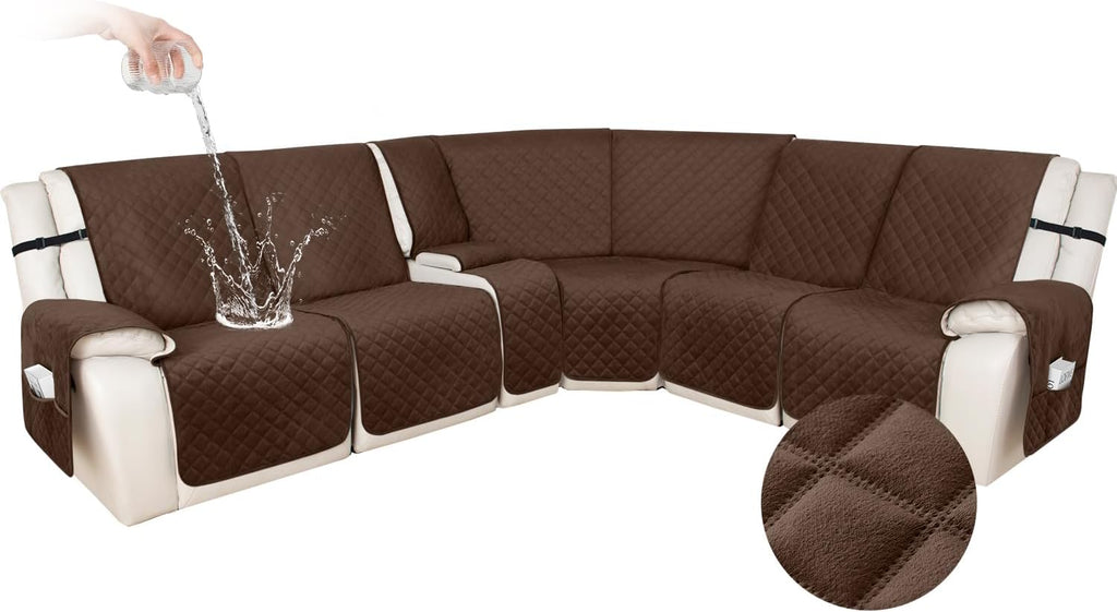 HDCAXKJ 100% Waterproof Velvet Recliner Sectional Couch Covers L Shaped Corner Reclining Sofa Cover Washable Thick Non Slip Sectional Slipcover with Pockets (5 Seat and 1 Middle Console, Coffee)