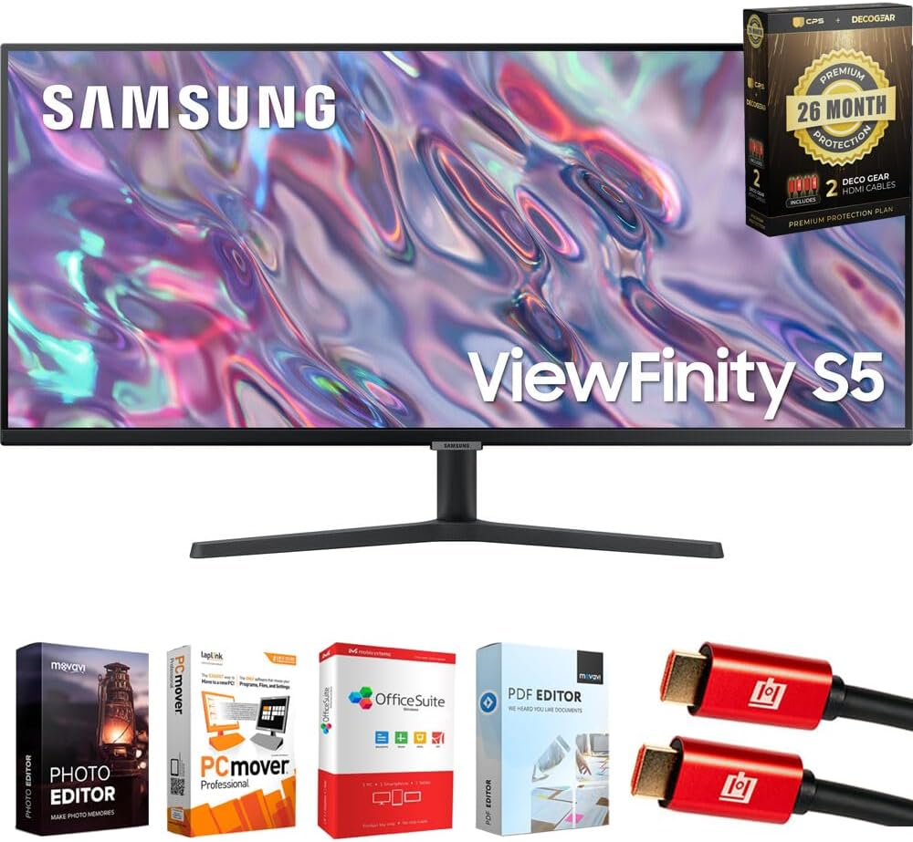 Samsung 34 inch ViewFinity S50GC Series 1440p HDR Ultrawide Monitor Bundle with Tech Smart USA Elite Suite 18, 2X 4K HDMI Cable & Deco Gear CPS Exclusive 26 Month Protection Pack (BEACH-CPS-26M500)
