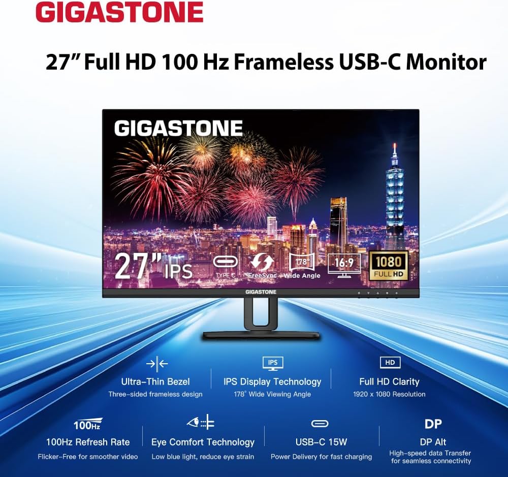 Gigastone 27 inch IPS Monitor 2-Pack, 100Hz FHD 1920 x 1080, MPRT 1ms,Built in Speakers,VESA Mount, Adjustable Stand, USB-C/HDMI/Display Port Connectivity, Type C Charging to iPhone
