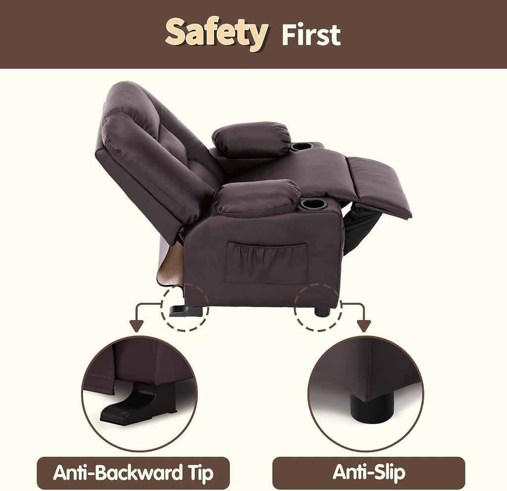 MCombo Big Kids Recliner for Ages 3+, Child Reclining Chair, Toddlers Recliner Sofa with Cup Holders, Faux Leather, 7322(Dark Brown)