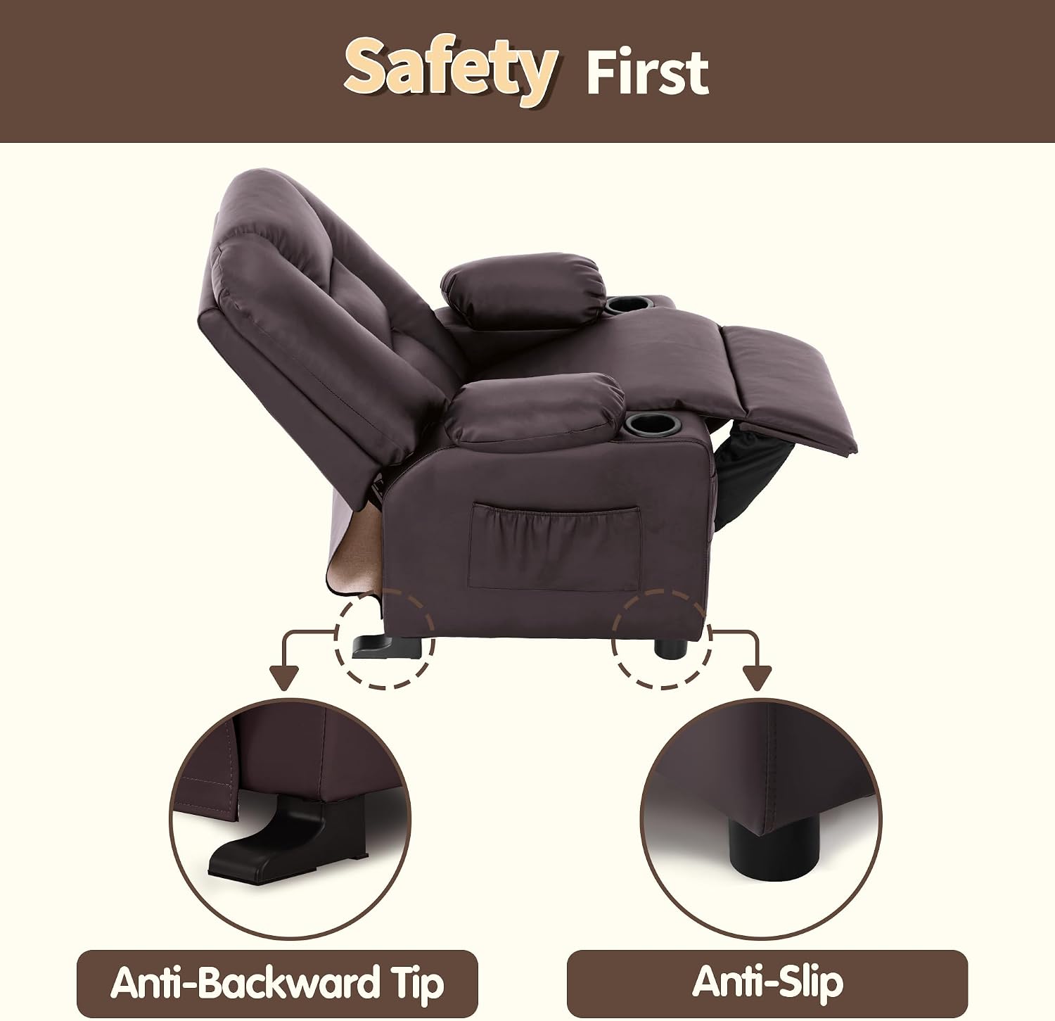 MCombo Big Kids Recliner for Ages 3+, Child Reclining Chair, Toddlers Recliner Sofa with Cup Holders, Faux Leather, 7322(Dark Brown)