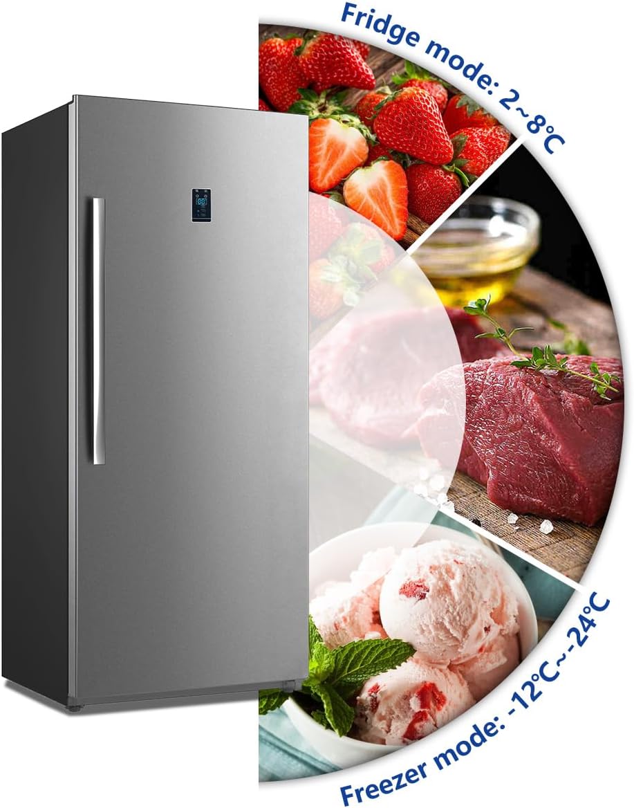21 Cu.Ft Convertible Upright Freezer Refrigerator, Stand Up Refrigerator 115v, Garage Vertical Freezer with Single Door, Frost Free, Stainless Steel, Lock