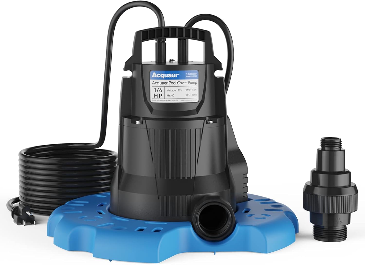 Acquaer 1/3 HP Automatic Swimming Pool Cover Pump, 2950 GPH Submersible Sump Pump with 3/4' Check Valve Adapter & 25ft Power Cord, Water Removal for Pool, Hot Tubs, Rooftops, Water Beds, Black & Blue