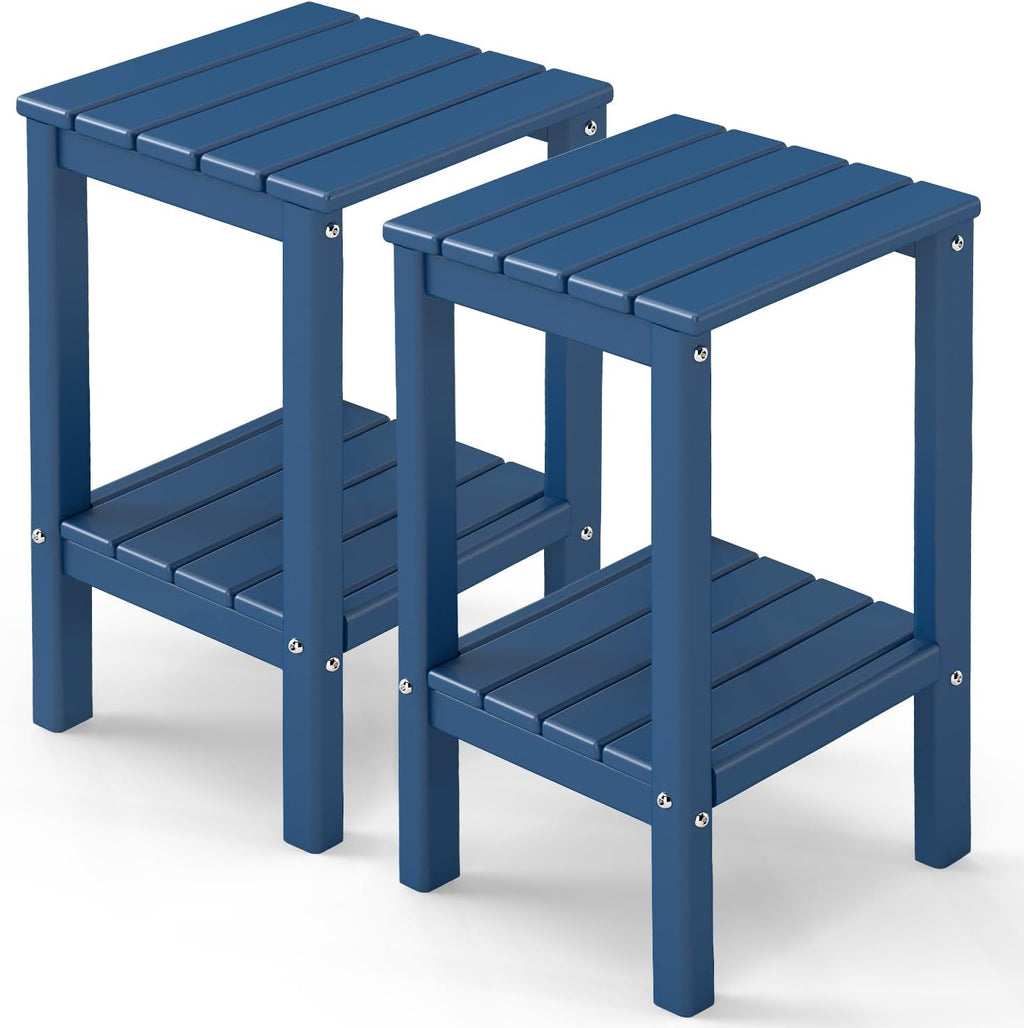 GREENVINES Tall-Outdoor-Side-Table Set of 2 | 23.5' | HDPE Plastic | Patio Adirondack End Tables | All Weather | 2-Tier | Blue | for Porch Garden Indoor & Rocking Chairs