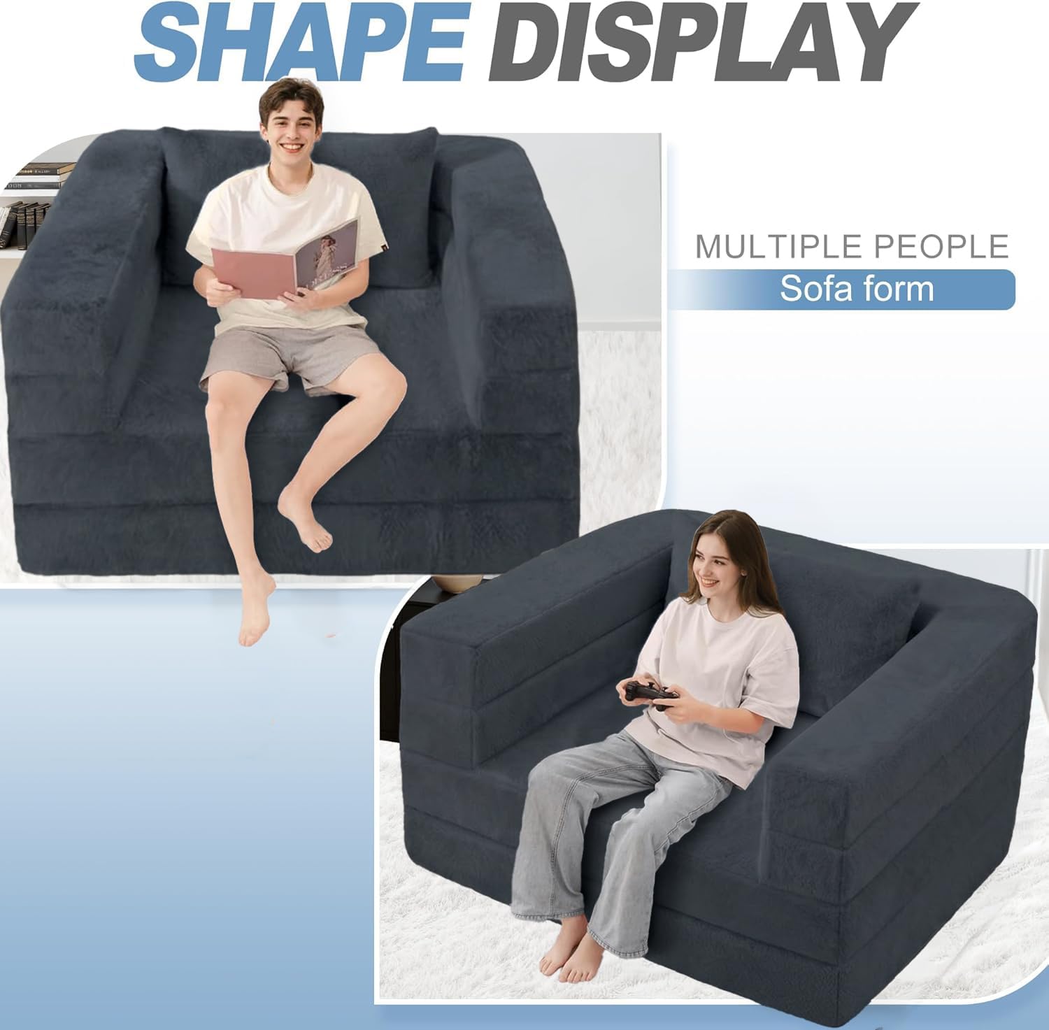 Futon Sofa Bed with Pillow, 3-in-1 Sleeper Sofa Bed with Removable Cover, Convertible Floor Sofa Bed, No Assembly Boneless Couch for Living Room, Bedroom