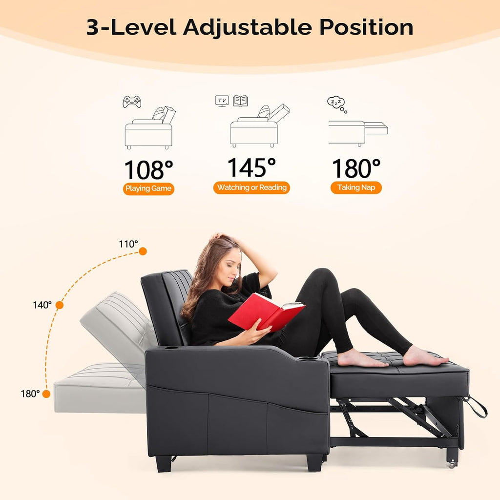 VINGLI Convertible Loveseat Sleeper Sofa, Black Faux Leather Futon Sofa Bed Pullout Couch Bed with USB Ports, Cup Holders, Armrest for Living Room, Bedroom, Home Office Apartment