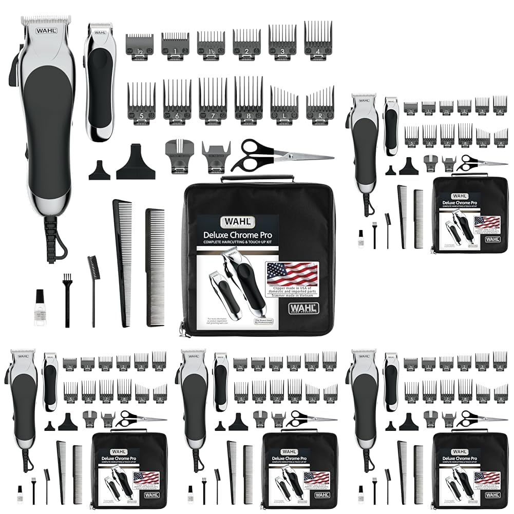Wahl Clipper USA Deluxe Corded Chrome Pro,Complete Hair and Trimming Kit,Includes Corded Clipper,Cordless Battery Trimmer,and Styling Shears,for a Cut Every Time - Model 79524-5201M,(Pack of 5)