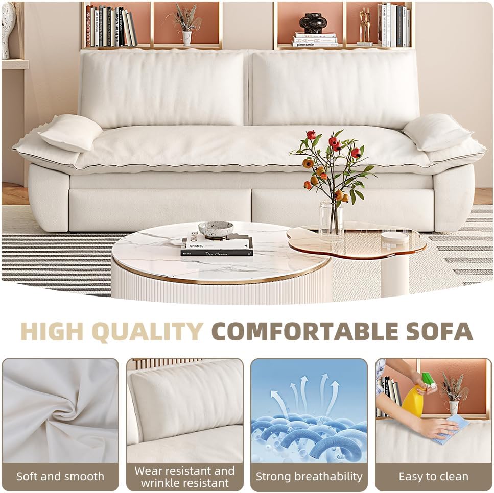 73.2' Sleeper Sofa Bed Queen, 3-in-1 Convertible Couch, Modern Pull Out Couches, Comfy Velvet Futon Sofa, Cloud Loveseat Lounge, Pillow Arm, for Small Spaces, Apartment, Living Room, Beige