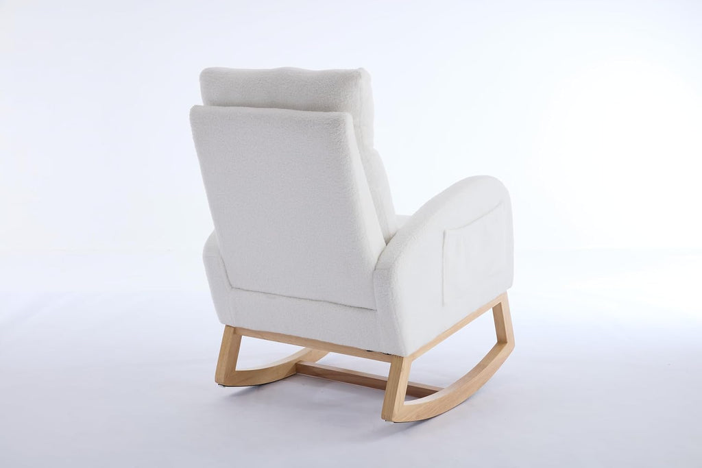 Modern Teddy Fabric Rocking Chair with Footstool, Nursery Rocker with Storage Pocket, High Back Wooden Base, 35-49 inch Length (Ivory, B)
