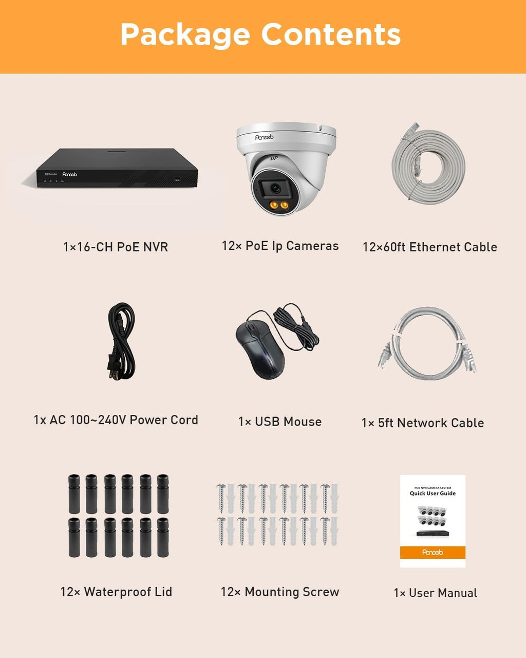 16 Channel Security Camera System, 12x 5MP Wired IP PoE Dome Camera w/Smart Spotlight Color Night Vision, AI Human Detection, Built-in Mic, Remote Access, 4K 16CH NVR 4TB HDD, PD93BA1216-5MD