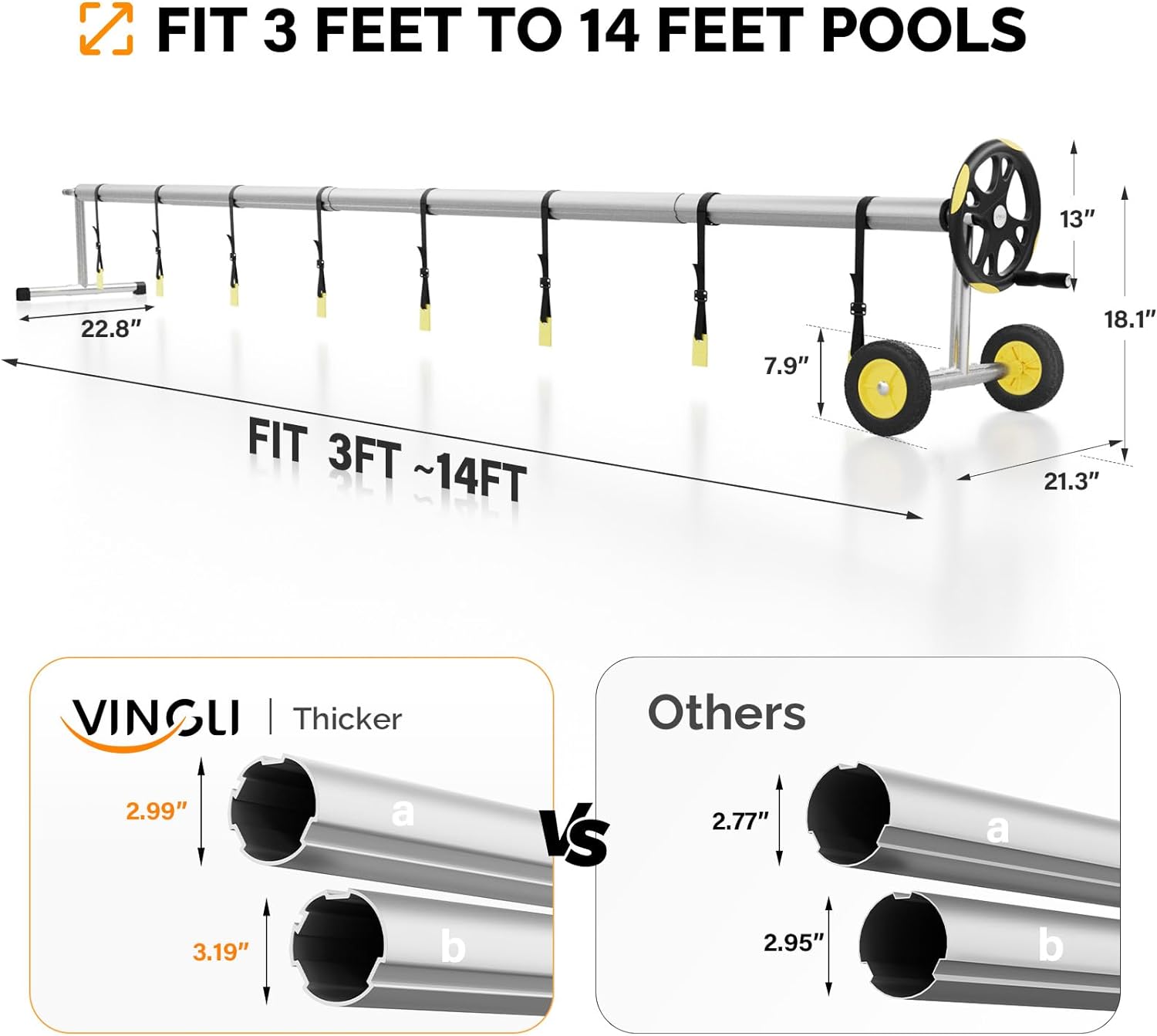 VINGLI Pool Cover Reel Set Pool Solar Cover Reel for Inground Swimming Pool, Aluminum Solar Swimming Inground Cover Blanket Reel (Upgrade) (14 Feet)