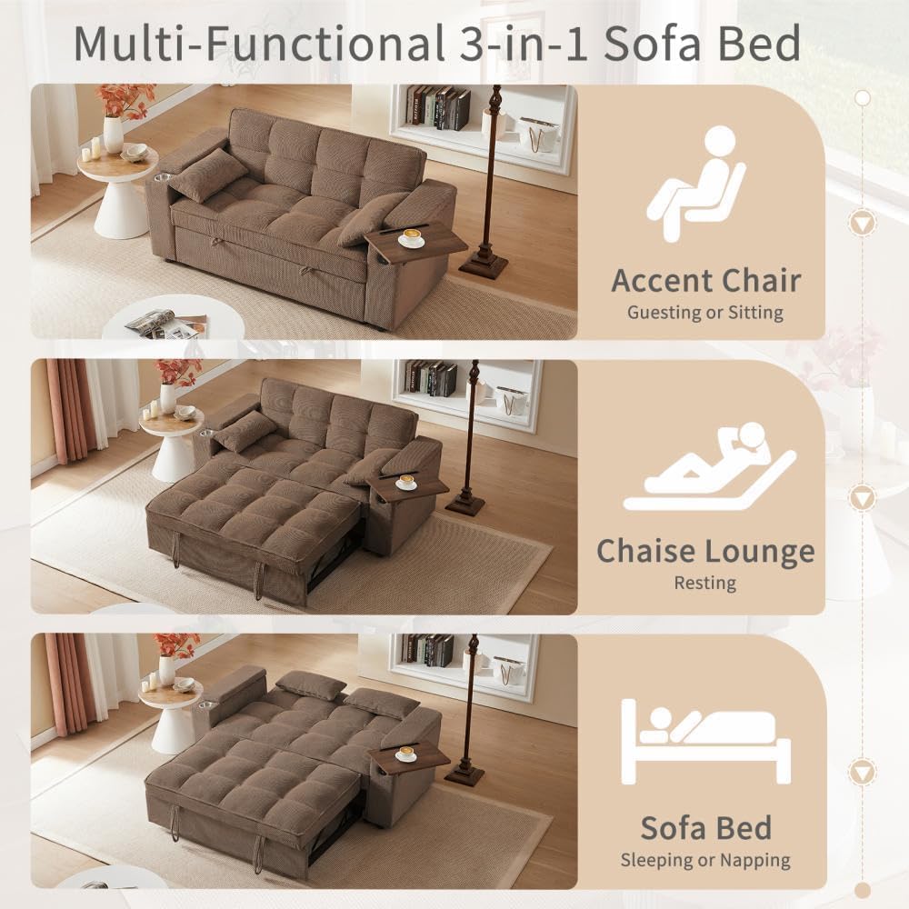 oaaktu ﻿ Large Size Convertible Sleeper Sofa Bed,Polka dot Velvet Pull Out Futon Couch with Storage handrails & Rotating Side Tables,Convertible Sofa Couch for Living Room,RV (Coffee)