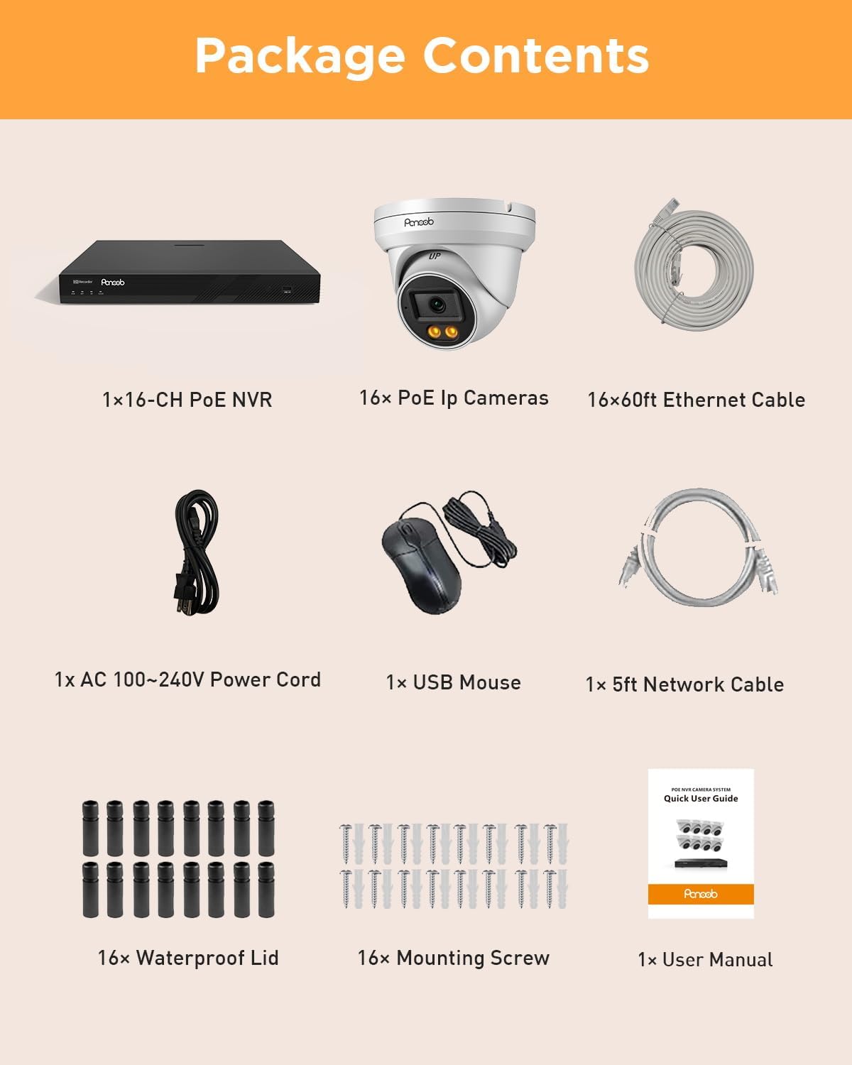 16 Channel Security Camera System, 16x 5MP Wired IP PoE Dome Camera with Spotlight Color Night Vision, AI Human Detection, Built-in Mic, Remote Access, 4K 16CH NVR 4TB HDD, PD93BA1616-5MD