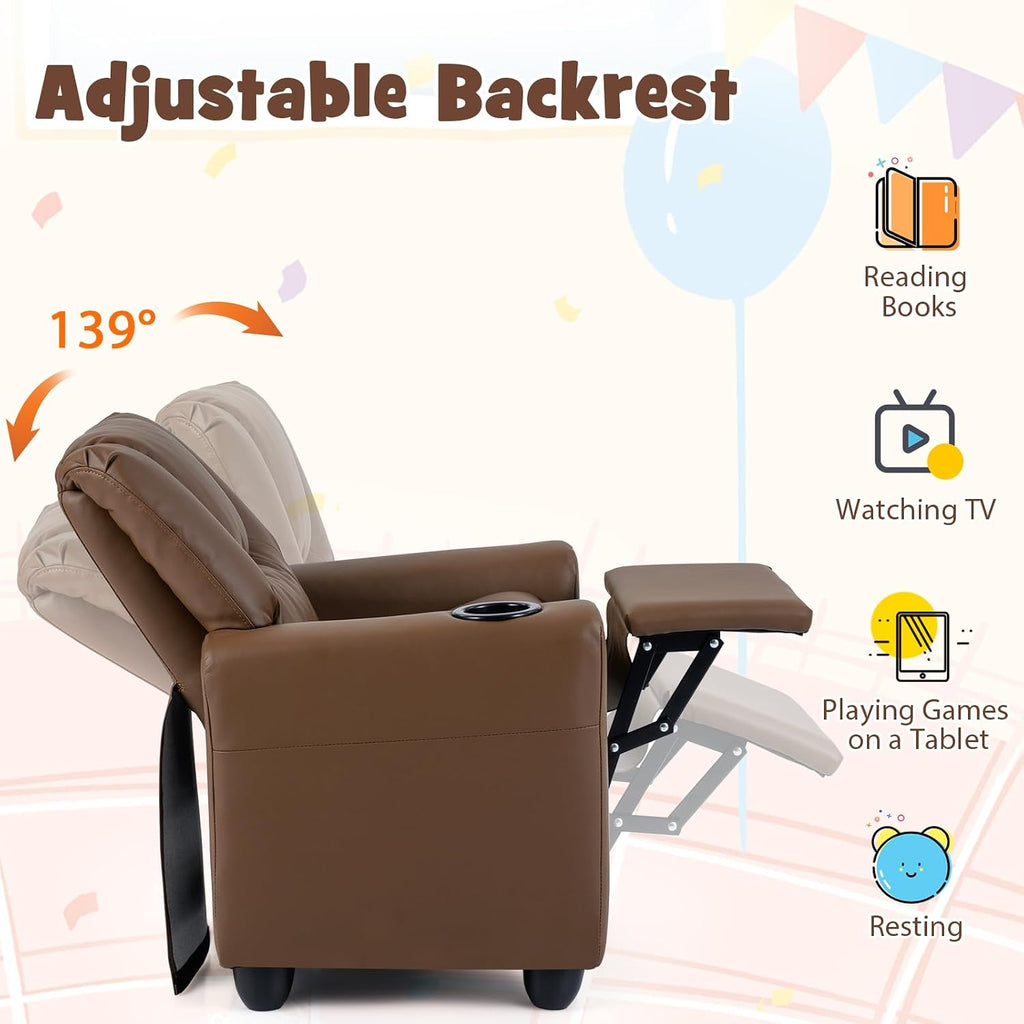 GLACER Kids Recliner with Cup Holder, PU Leather Toddler Lounge Chair w/Adjustable Backrest & Footrest, Spring-Loaded Seat Cushion, Push Back Toddler Sofa for Boys & Girls Ages 3+ Years Old (Brown)