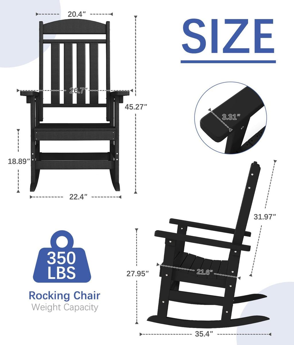 FOOWIN 3-Piece Outdoor Rocking Chairs Set, High Back Patio Rocker with Side Table, HDPE All Weather Resistant Oversized Rocking Chairs for Indoors, Porch, Patio, Backyard, Black (Black, 3-Set)